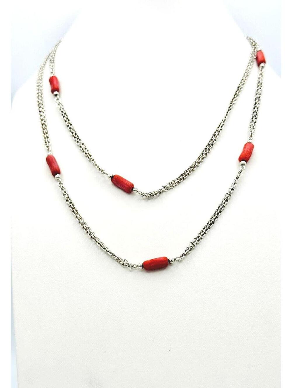 Vintage sterling silver double chain with red coral beads